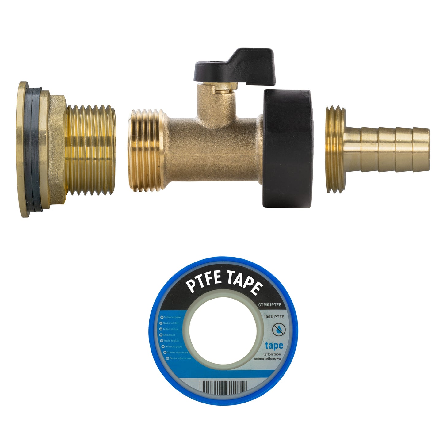 Water Butt Brass Kit 1in with Brass Valve + 13mm Barb for DIY Workshop Accessory