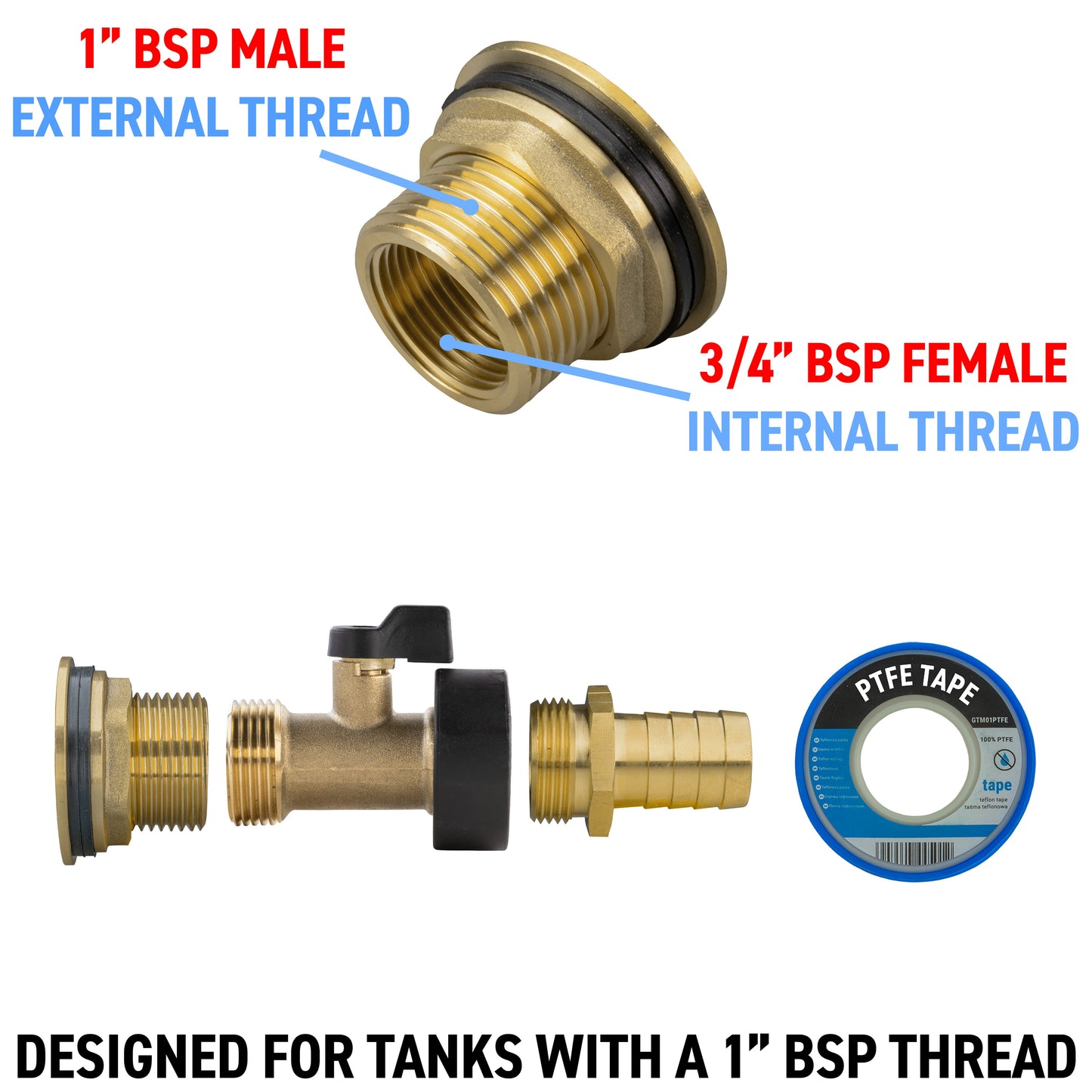 Water Butt Brass Kit 1in with Brass Valve + 19mm Barb for DIY Workshop Accessory