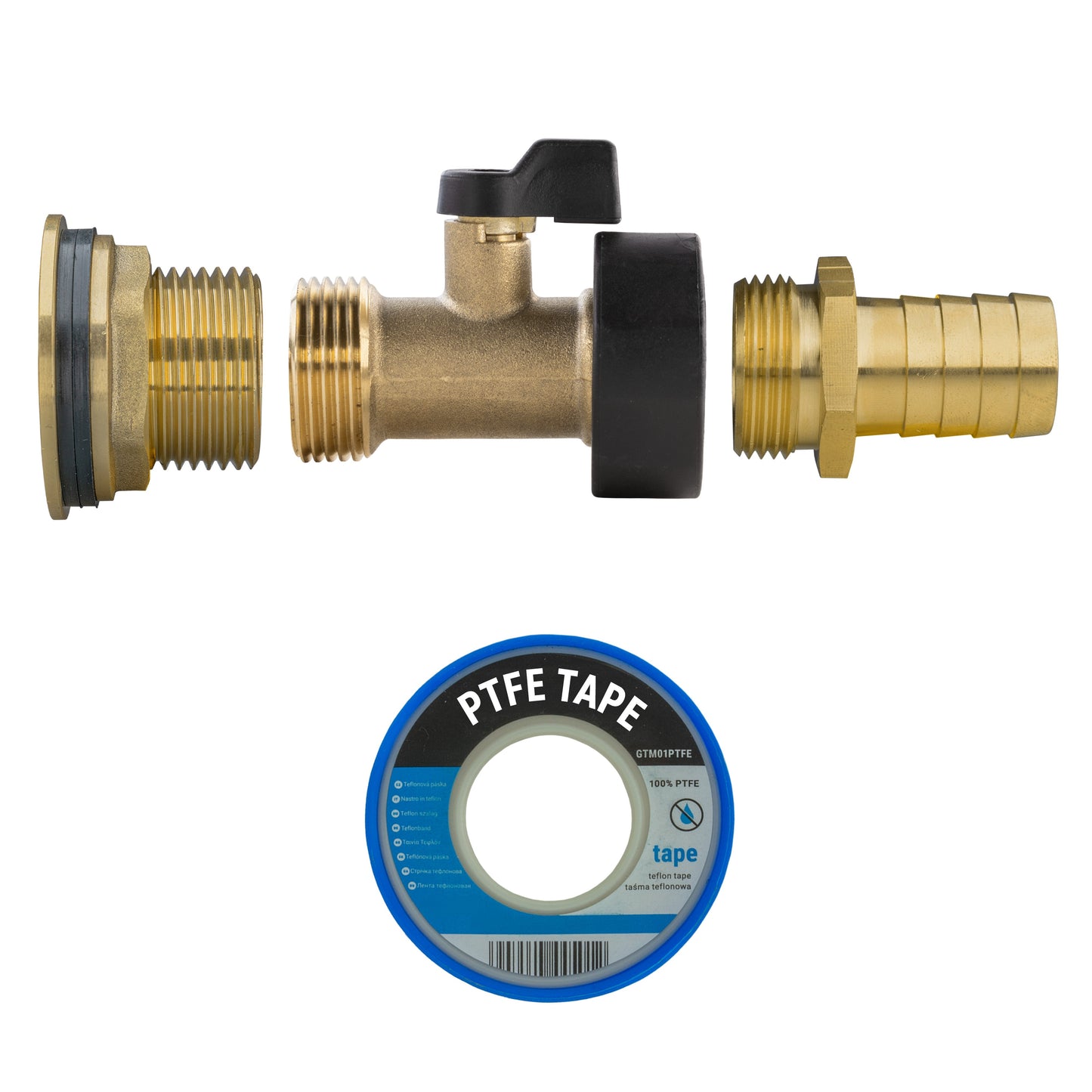Water Butt Brass Kit 1in with Brass Valve + 19mm Barb for DIY Workshop Accessory
