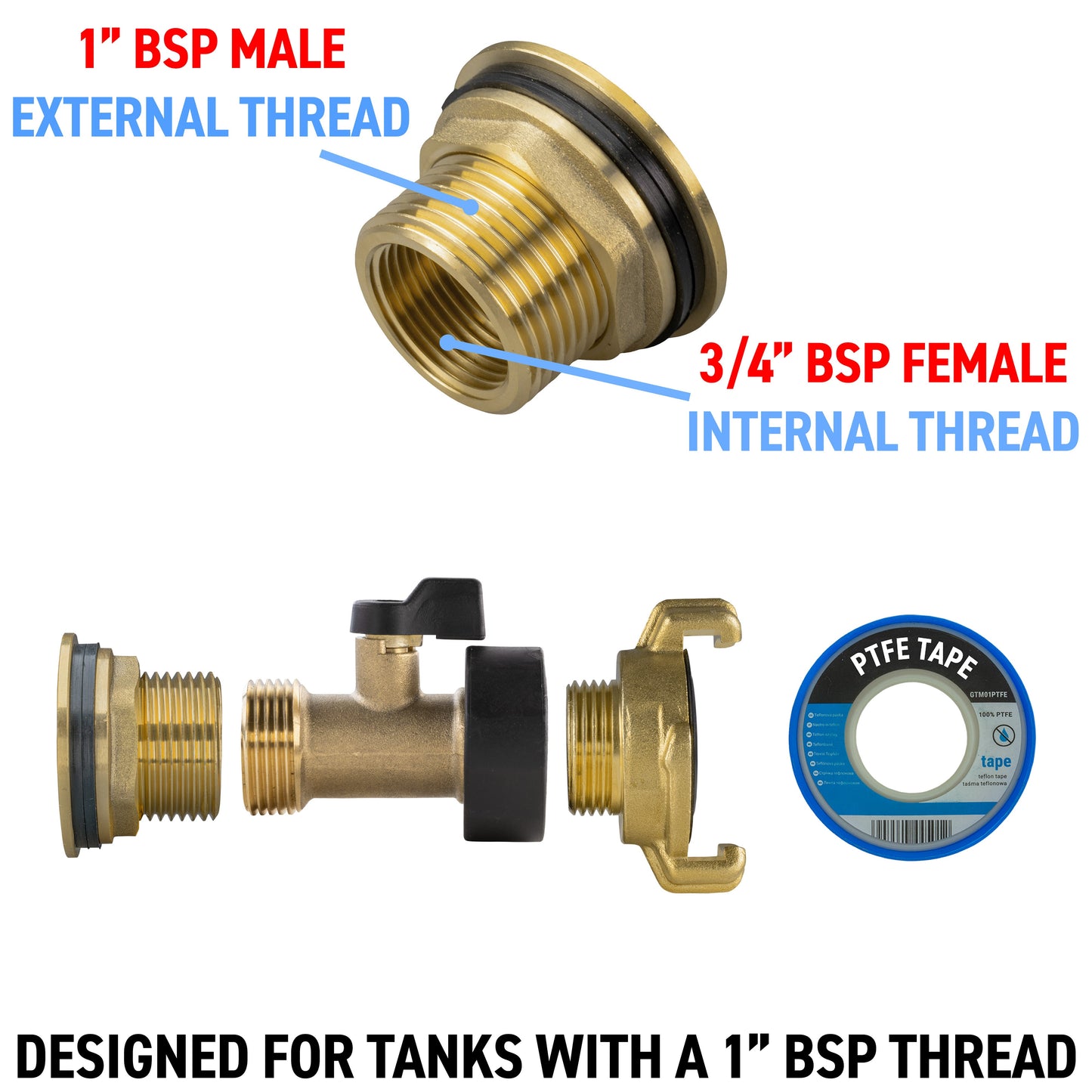 Water Butt Brass Kit 1in with Brass Valve + Geka Hose Pipe Fitting Claw Coupling