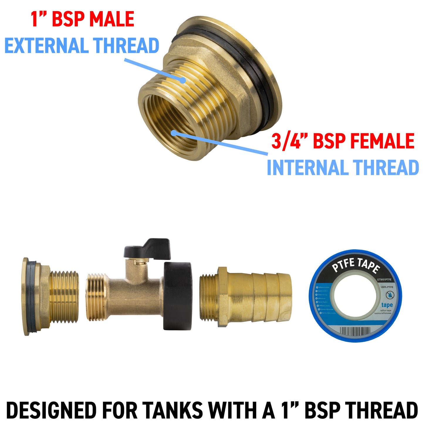 Water Butt Brass Kit 1in with Brass Valve + 25mm Barb for DIY Workshop Accessory