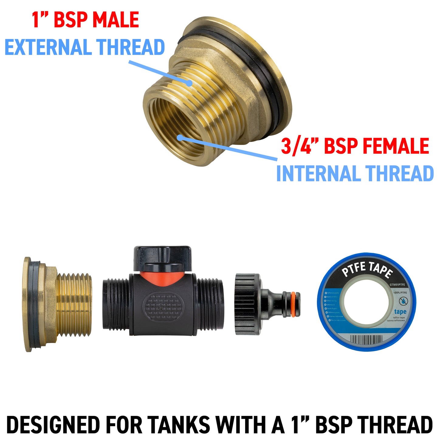 Water Butt Brass Kit 1in with In-Line Valve + Quick Connect Outdoor Watering Kit