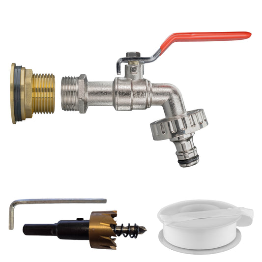 AP Supplies Water Butt Brass Kit 1" with Quick Connect Lever Tap and Drill Bit