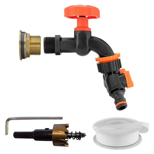 AP Supplies Water Butt Brass Kit 1" with Black Dial Tap + Two-Way Splitter and Drill Bit