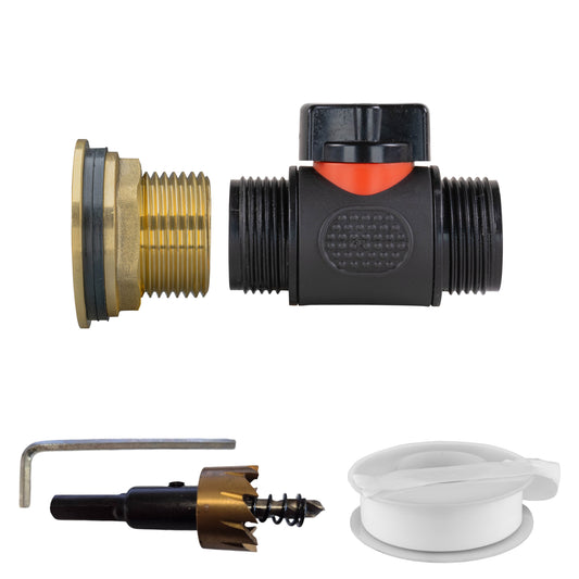 AP Supplies Water Butt Brass Kit 1" with 3/4" BSP In-Line Valve and Drill Bit