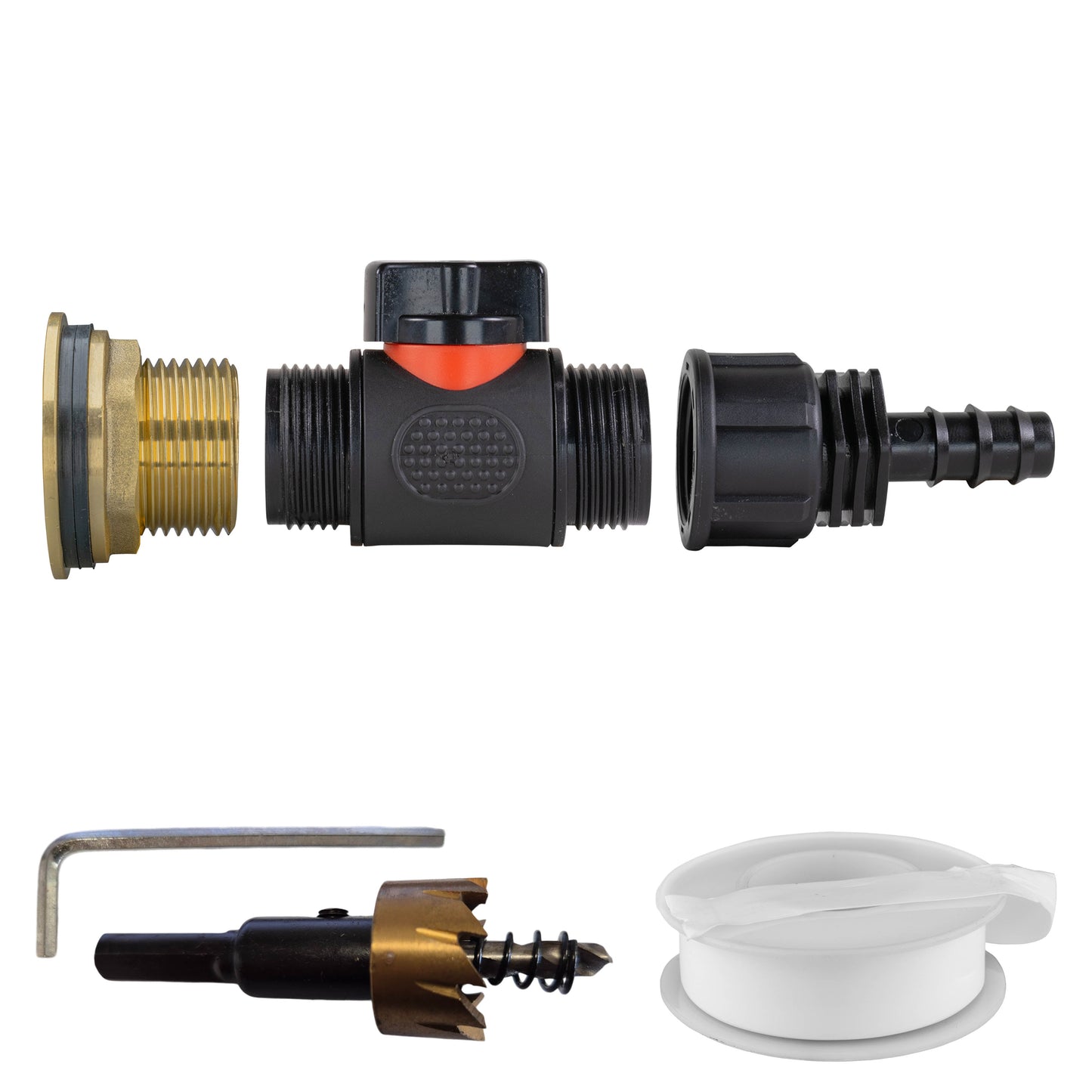 AP Supplies Water Butt Brass Kit 1" with In-Line Valve + 16mm Barb and Drill Bit