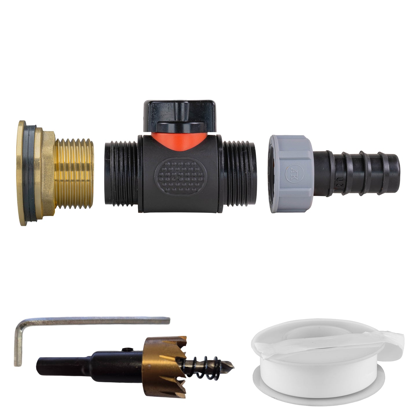 AP Supplies Water Butt Brass Kit 1" with In-Line Valve + 20mm Barb and Drill Bit