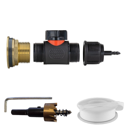 AP Supplies Water Butt Brass Kit 1" with In-Line Valve + 4mm Barb and Drill Bit