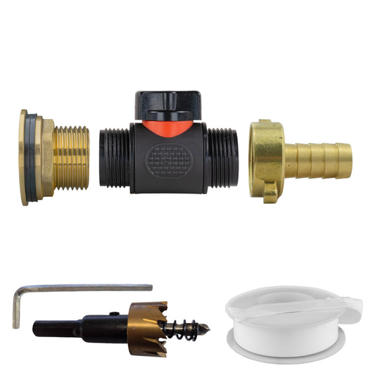 AP Supplies Water Butt Brass Kit 1" with In-Line Valve + 1/2" Brass Barb and Drill Bit