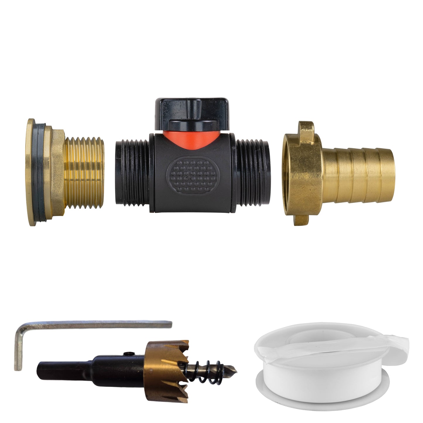 AP Supplies Water Butt Brass Kit 1" with In-Line Valve + 3/4" Brass Barb and Drill Bit