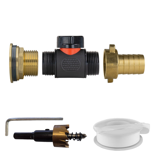 AP Supplies Water Butt Brass Kit 1" with In-Line Valve + 3/4" Brass Barb and Drill Bit