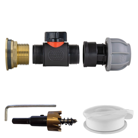 AP Supplies Water Butt Brass Kit 1" with In-Line Valve + 20mm MDPE and Drill Bit