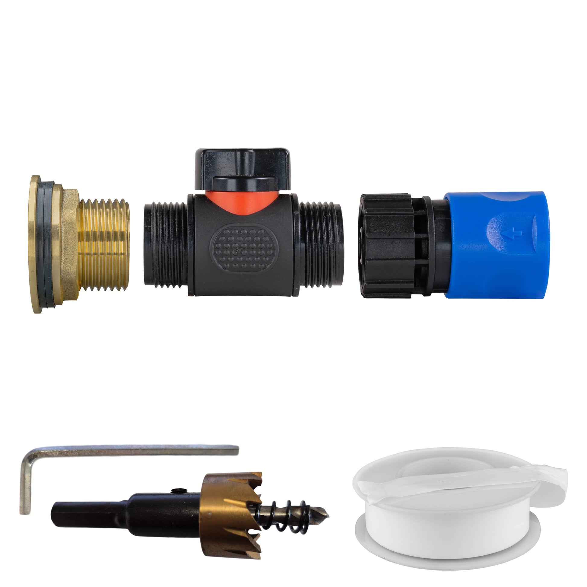 AP Supplies Water Butt Brass Kit 1" with In-Line Valve + Female Quick Connector Blue and Drill Bit