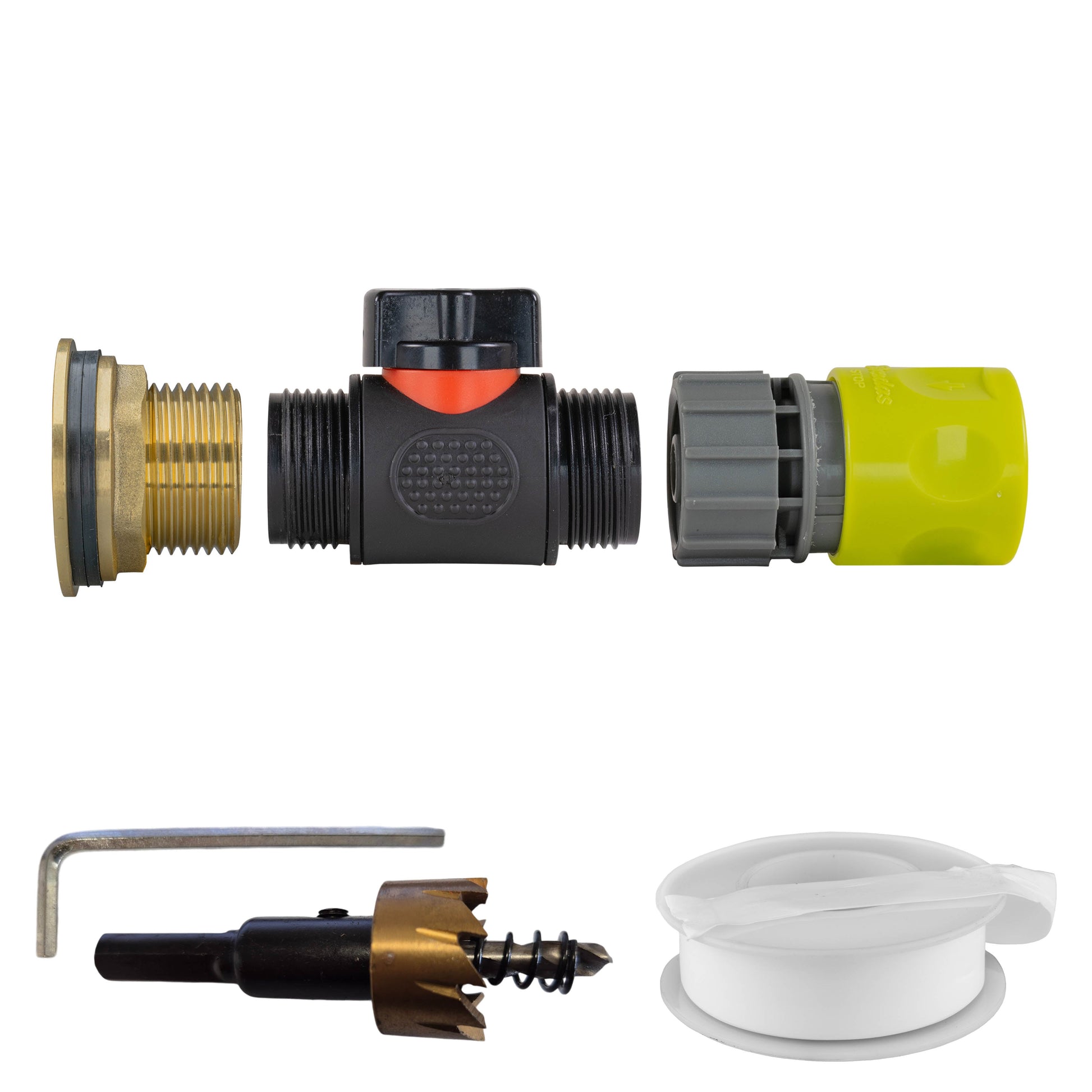 AP Supplies Water Butt Brass Kit 1" with In-Line Valve + Female Quick Connector Lime and Drill Bit