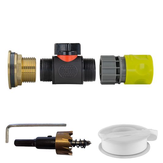 AP Supplies Water Butt Brass Kit 1" with In-Line Valve + Female Quick Connector Lime and Drill Bit