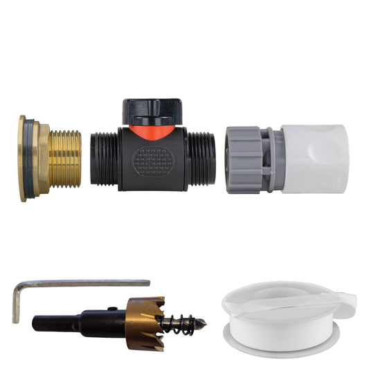 AP Supplies Water Butt Brass Kit 1" with In-Line Valve + Female Quick Connector WL and Drill Bit