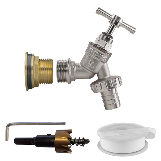 AP Supplies Water Butt Brass Kit 1" with Nickel Plated Barbed Tap and Drill Bit