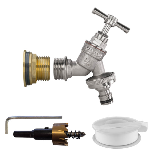 AP Supplies Water Butt Brass Kit 1" with Nickel Plated Quick Connect Tap and Drill Bit