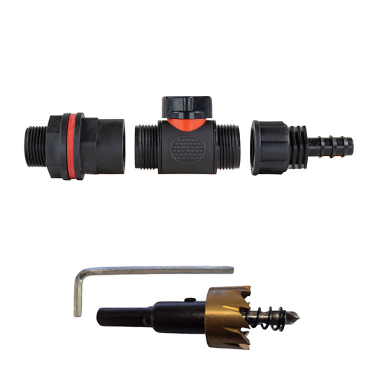 AP Supplies Water Butt Kit 3/4" with In-Line Valve + 1/2" Barb and Drill Bit