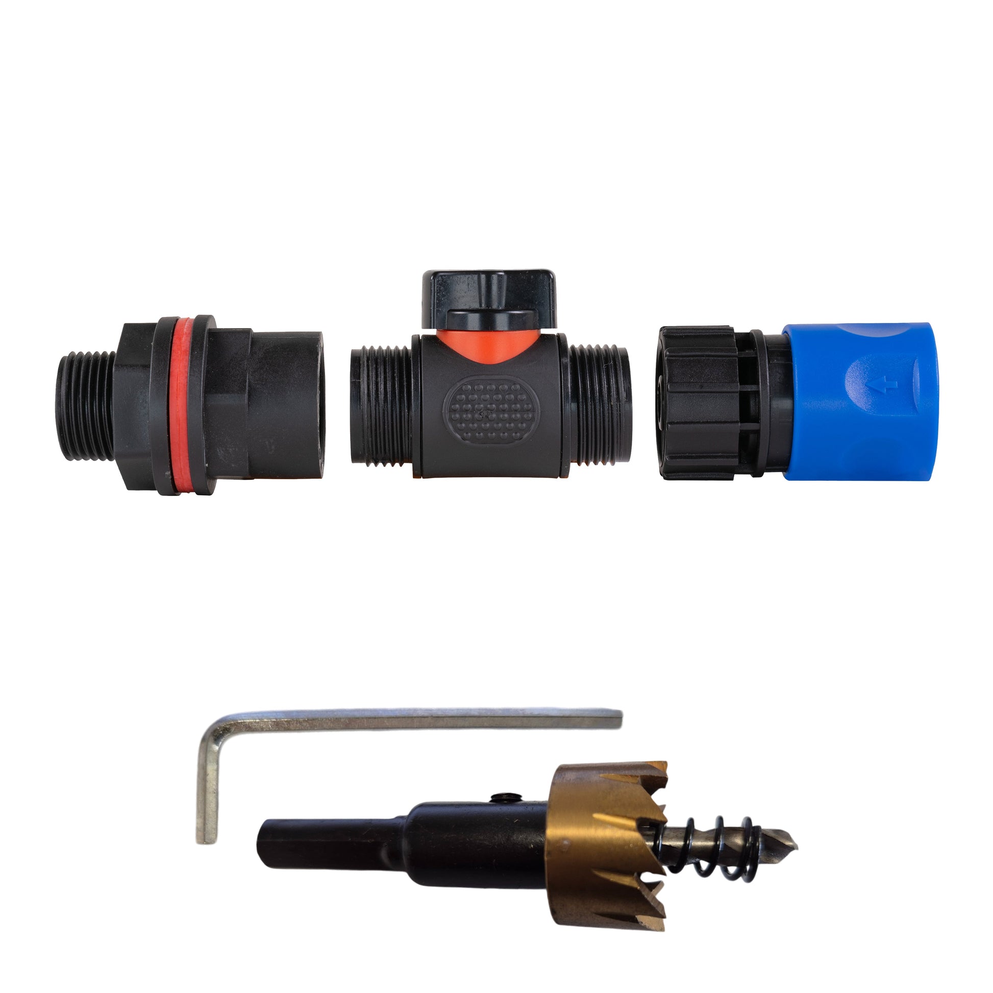 AP Supplies Water Butt Kit 3/4" with In-Line Valve + Female Quick Connector Blue and Drill Bit