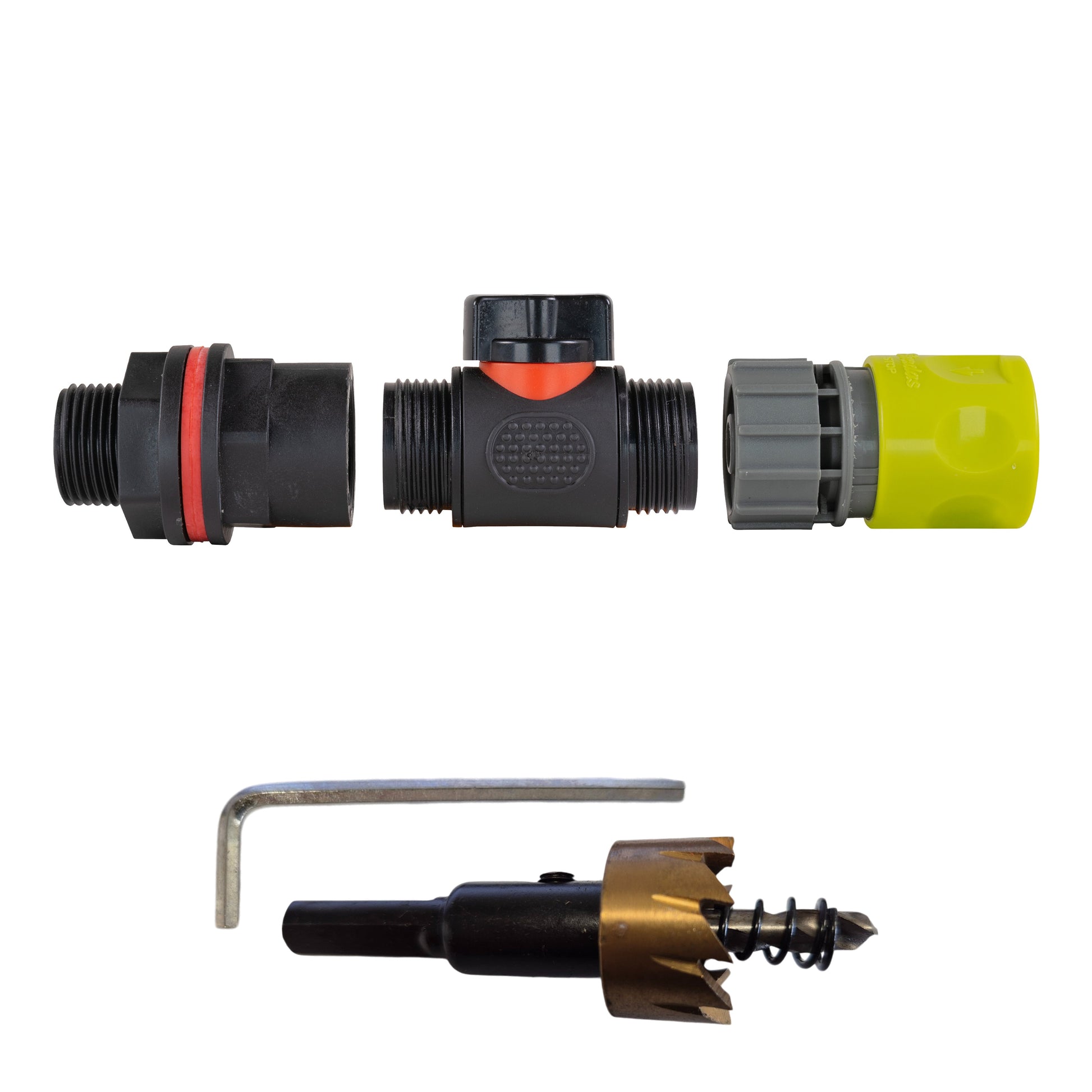 AP Supplies Water Butt Kit 3/4" with In-Line Valve + Female Quick Connector Lime and Drill Bit