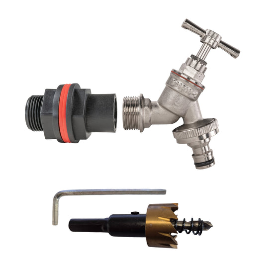 AP Supplies Water Butt Kit 3/4" with Nickel Plated Quick Connect Tap and Drill Bit
