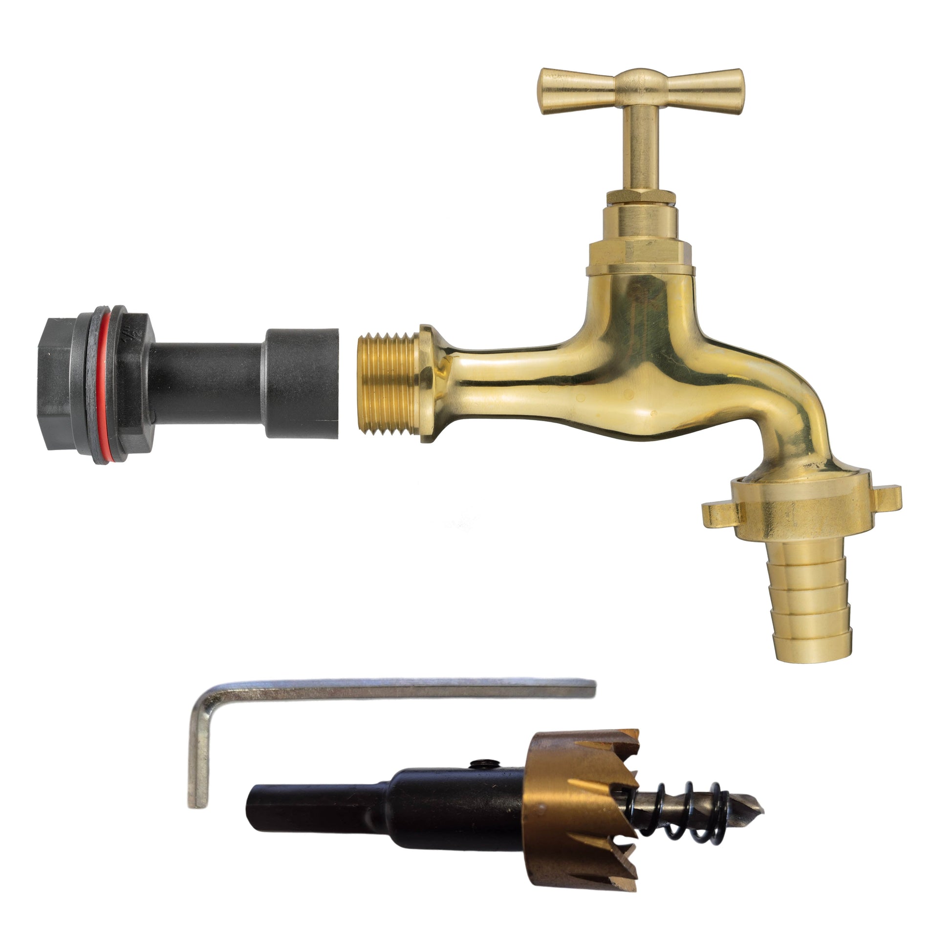 AP Supplies Water Butt Extension Kit 1/2" with 15mm Barbed Polished Brass Tap and Drill Bit