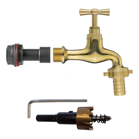 AP Supplies Water Butt Extension Kit 1/2" with 19mm Barbed Polished Brass Tap and Drill Bit
