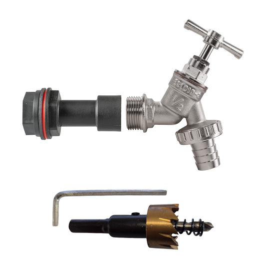 AP Supplies Water Butt Extension Kit 1/2" with Nickel Plated Barbed Tap and Drill Bit