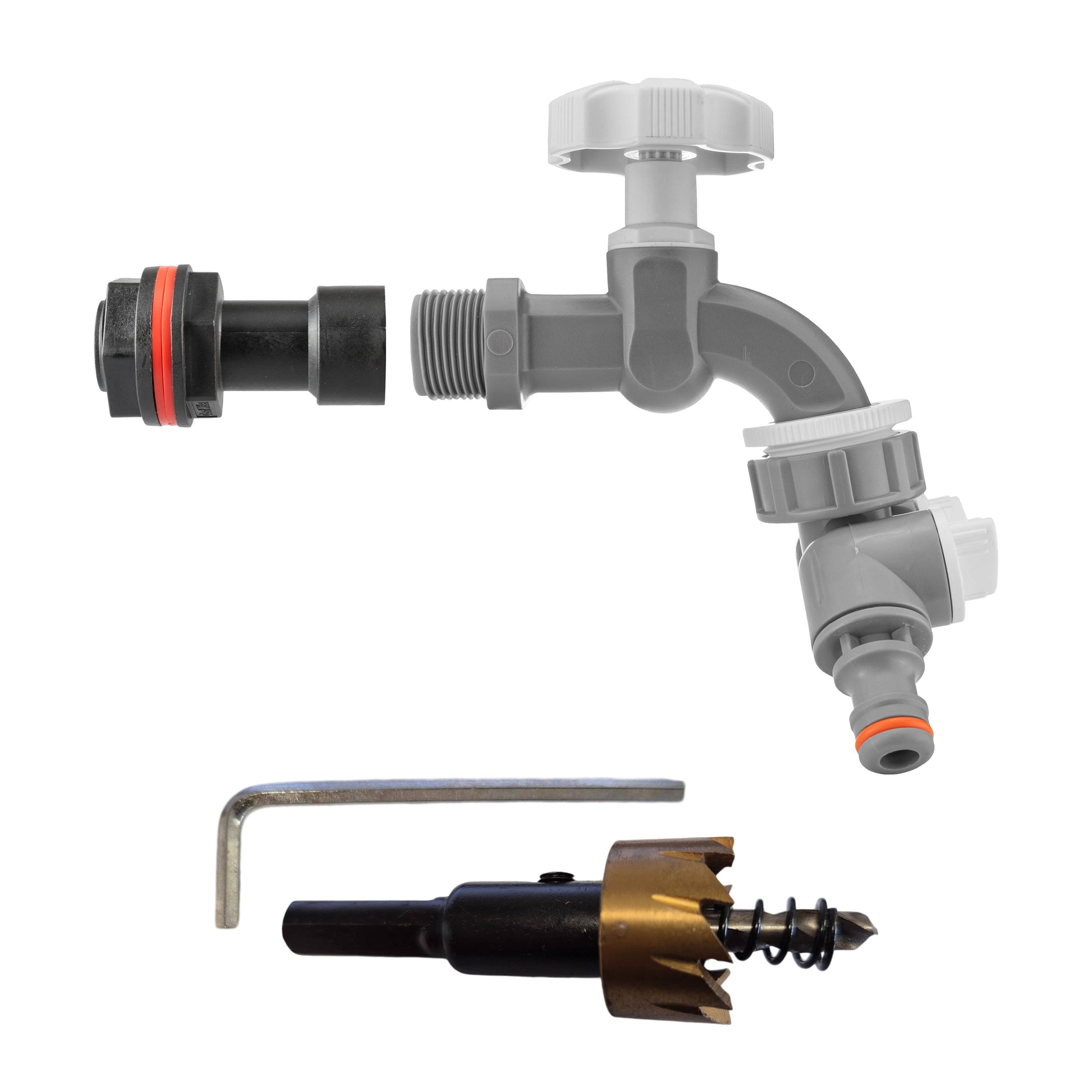 AP Supplies Water Butt Extension Kit 1/2" with Grey Dial Tap + Two-Way Splitter and Drill Bit