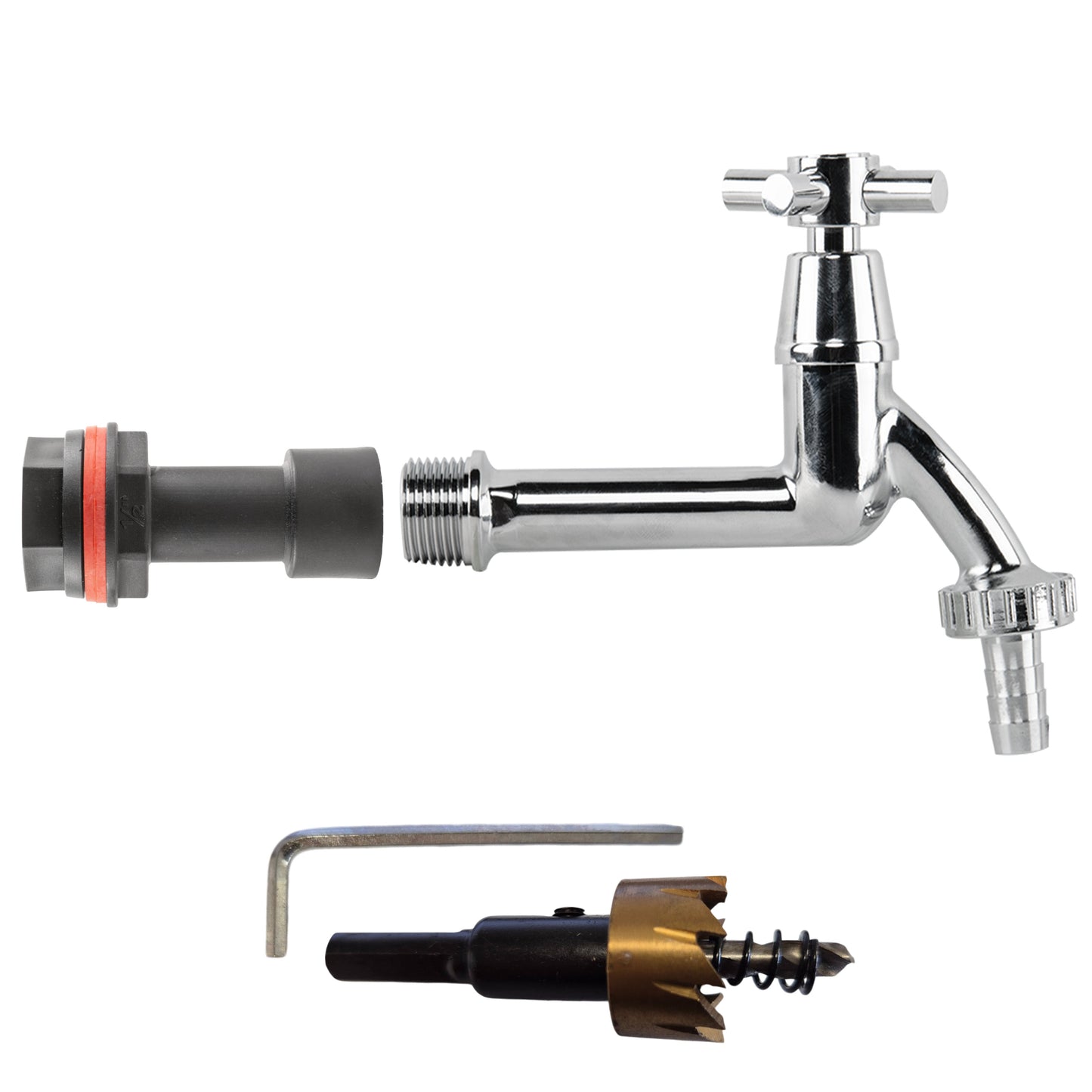 AP Supplies Water Butt Extension Kit 1/2" with Extended Brass Chrome Tap ½” Barb and Drill Bit