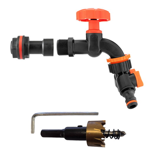 AP Supplies Water Butt Extension Kit 3/4" with Black Dial Tap + Two-Way Splitter and Drill Bit