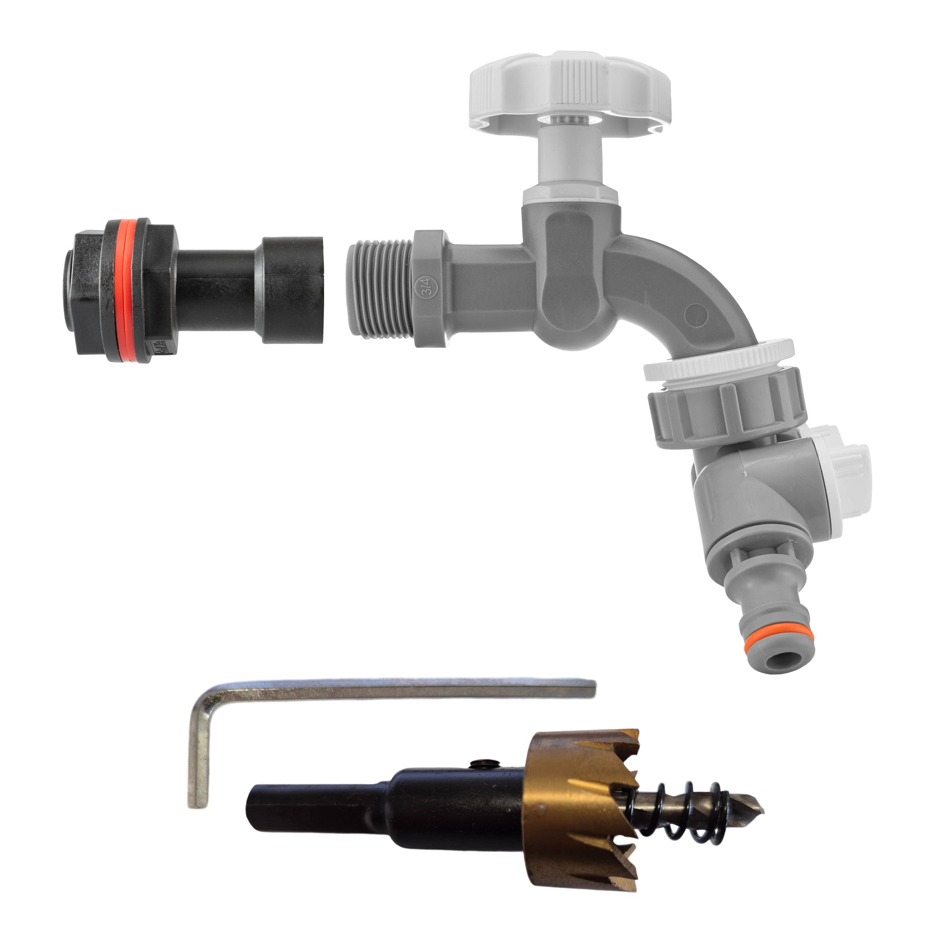 AP Supplies Water Butt Extension Kit 3/4" with Grey Dial Tap + Two-Way Splitter and Drill Bit