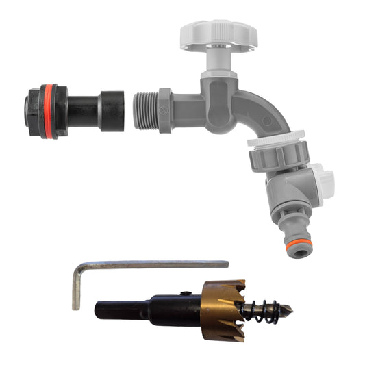 AP Supplies Water Butt Extension Kit 3/4" with Grey Dial Tap + Two-Way Splitter and Drill Bit