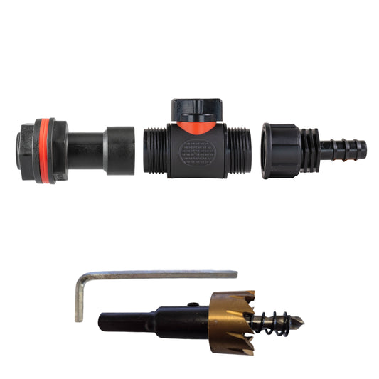 AP Supplies Water Butt Extension Kit 3/4" with In-Line Valve + 16mm Barb and Drill Bit