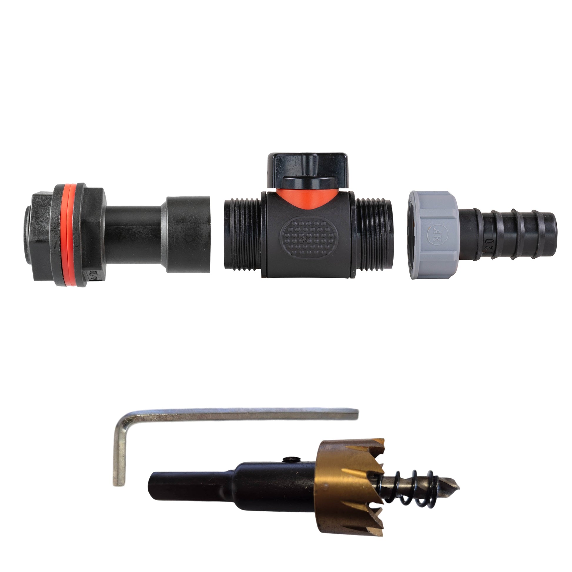 AP Supplies Water Butt Extension Kit 3/4" with In-Line Valve + 20mm Barb and Drill Bit