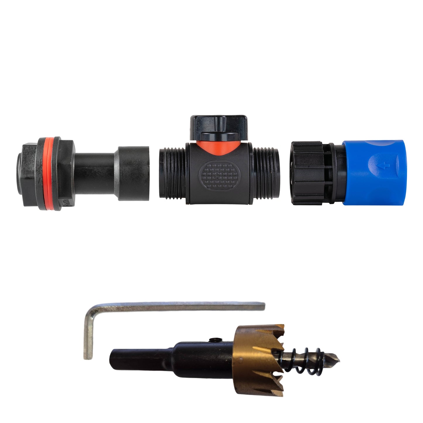 AP Supplies Water Butt Extension Kit 3/4" with In-Line Valve + Female Quick Connector Blue and Drill Bit