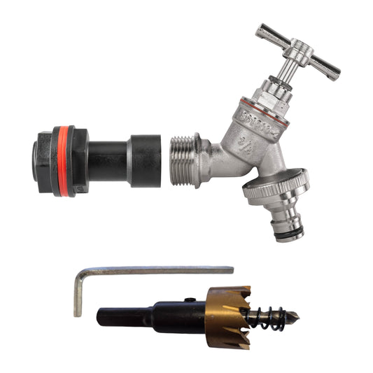 AP Supplies Water Butt Extension Kit 3/4" with Nickel Plated Quick Connect Tap and Drill Bit