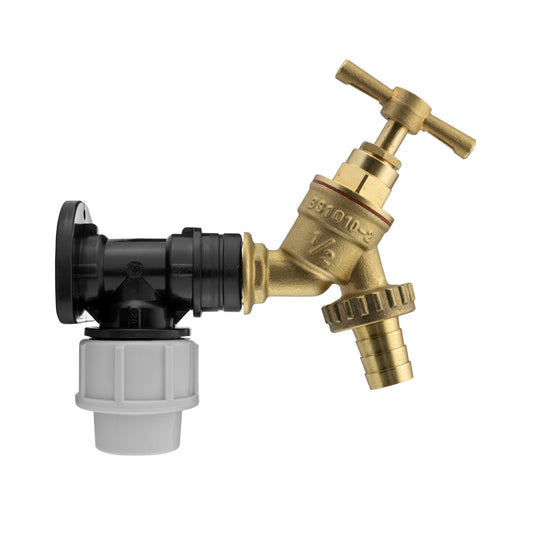 Wall Flange Kit 20mm MDPE - Brass Garden Tap 1/2in Barb for Outdoor Watering Kit
