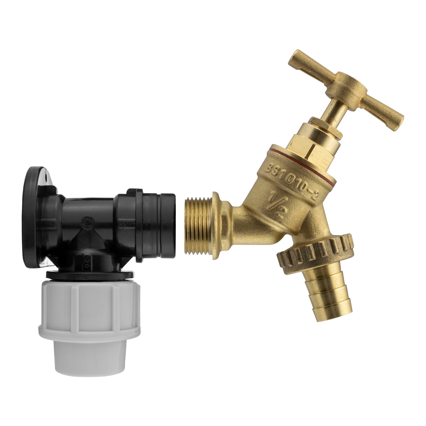 Wall Flange Kit 20mm MDPE - Brass Garden Tap 1/2in Barb for Outdoor Watering Kit
