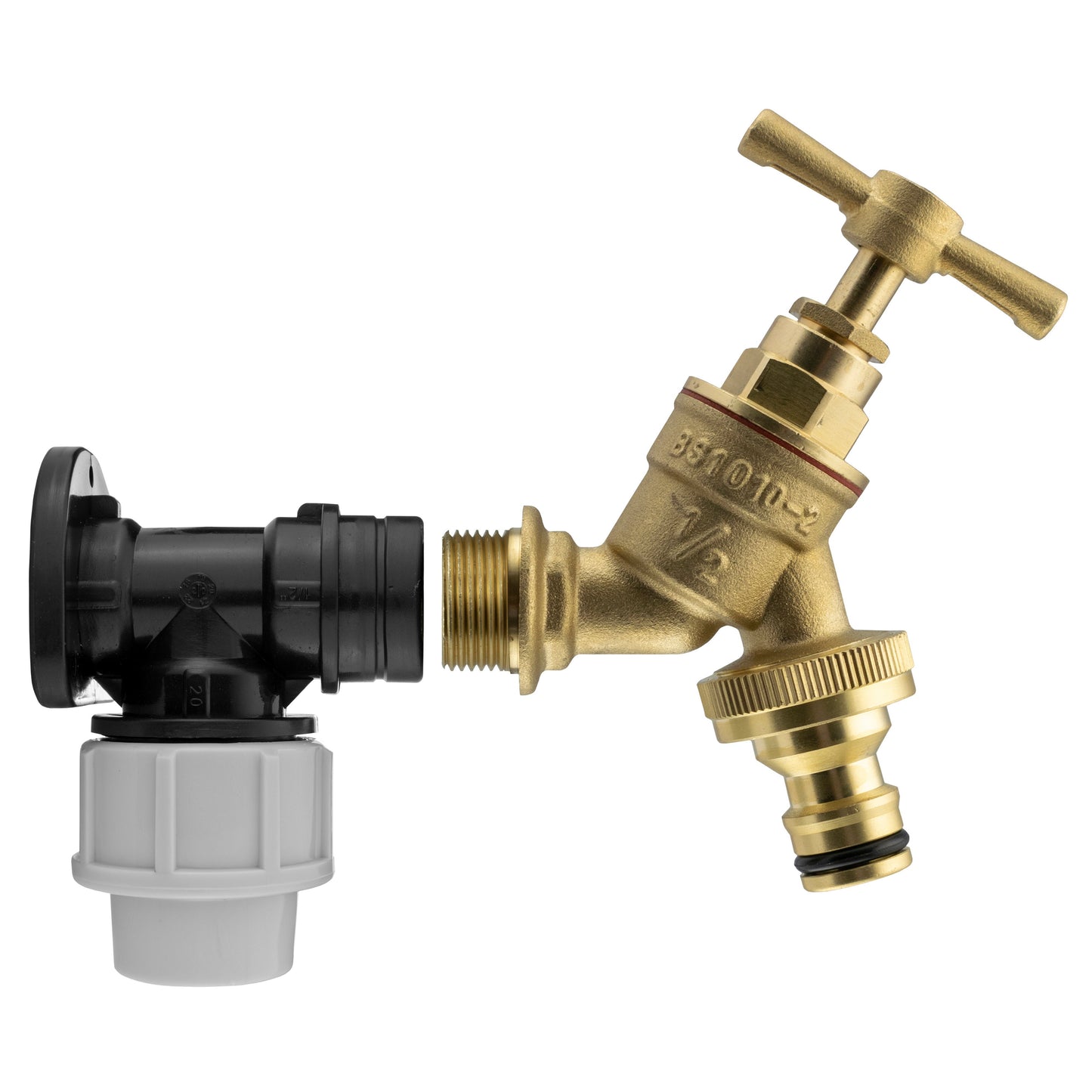 Wall Flange Kit 20mm MDPE - Brass Garden Tap 1/2in Snap On for Hose Pipe Fitting