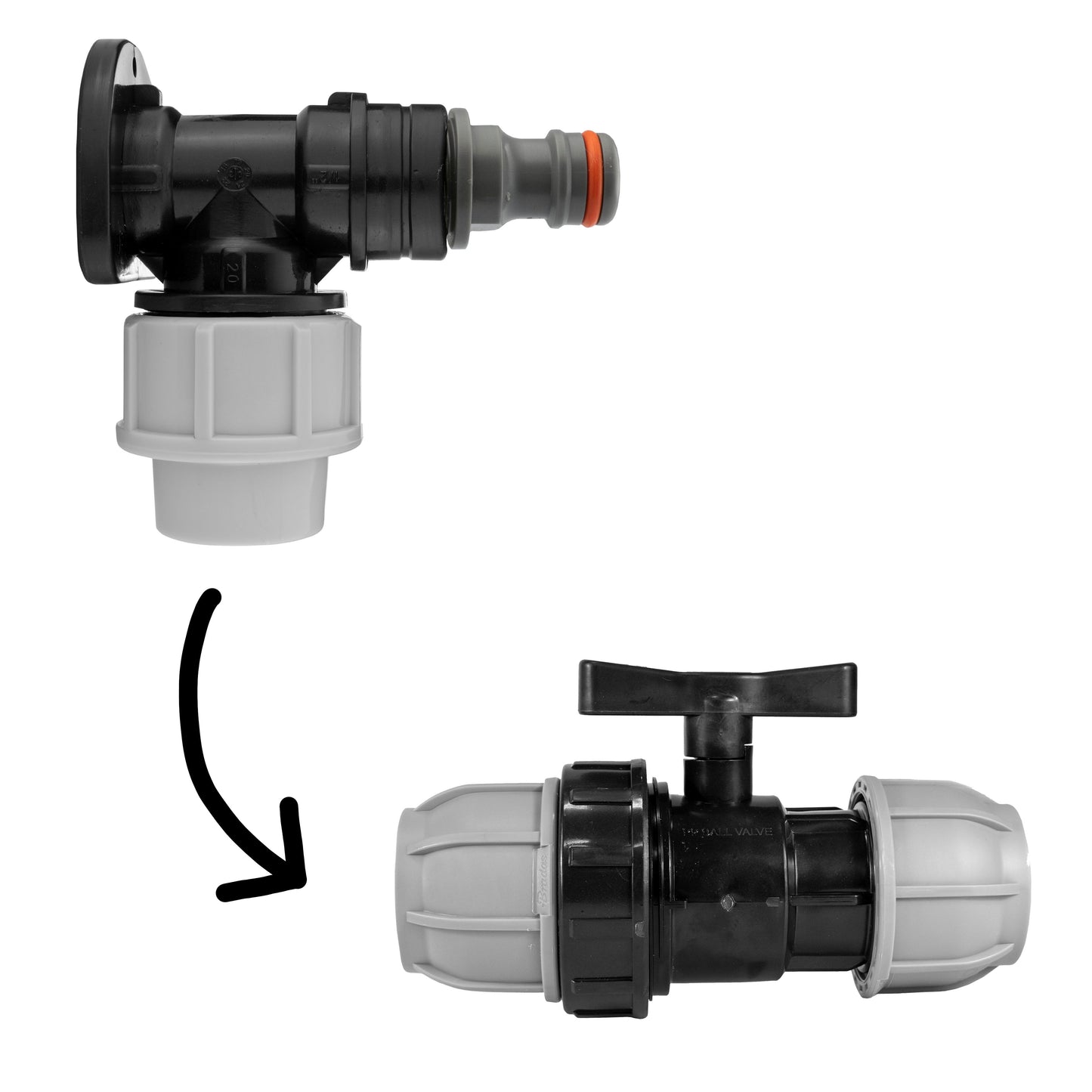 Wall Flange Kit 20mm MDPE - Snap-On Male and Inline Valve for Hose Connector Set