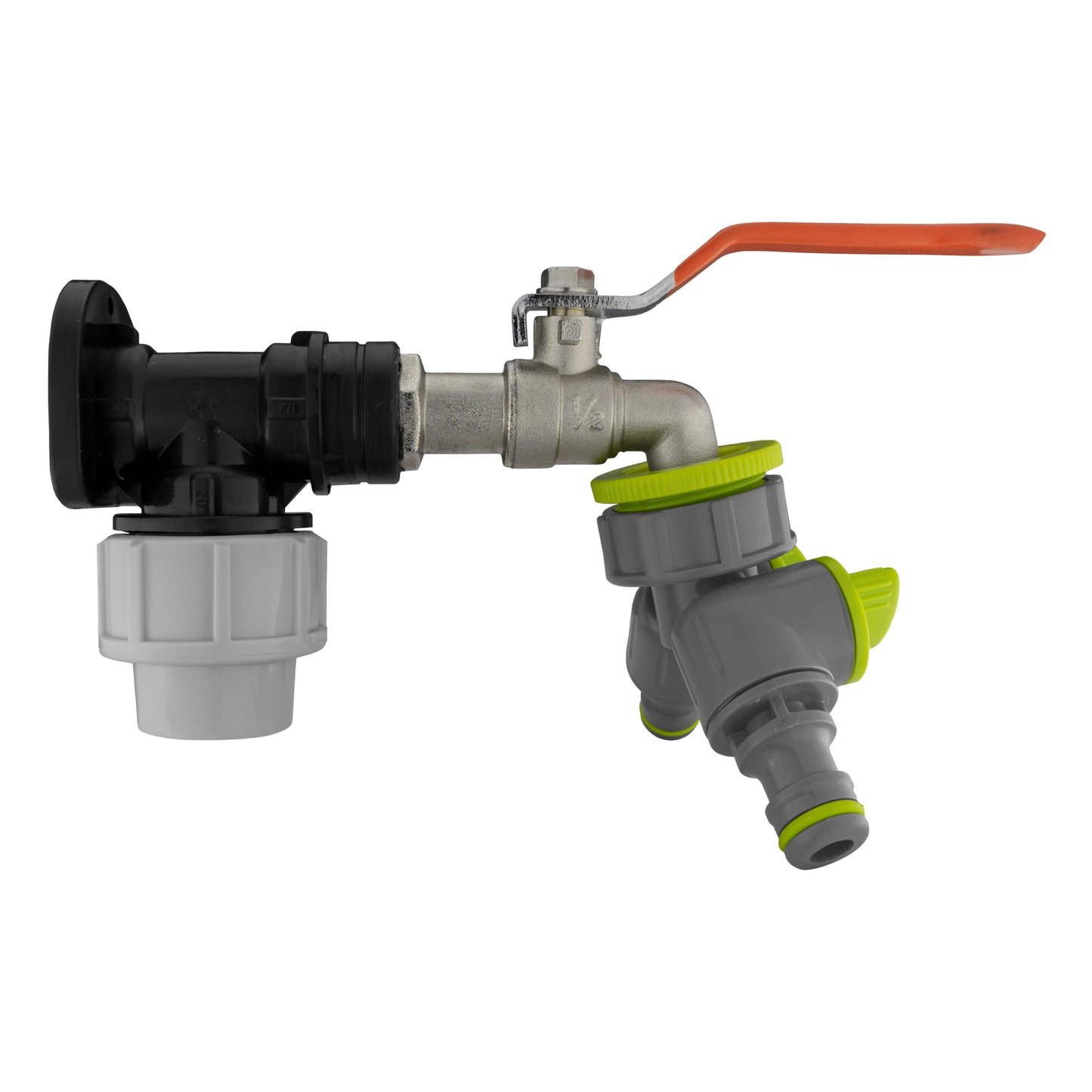 Wall Flange Kit 20mm MDPE - Lever Tap and Two Way Splitter for Hose Pipe Fitting