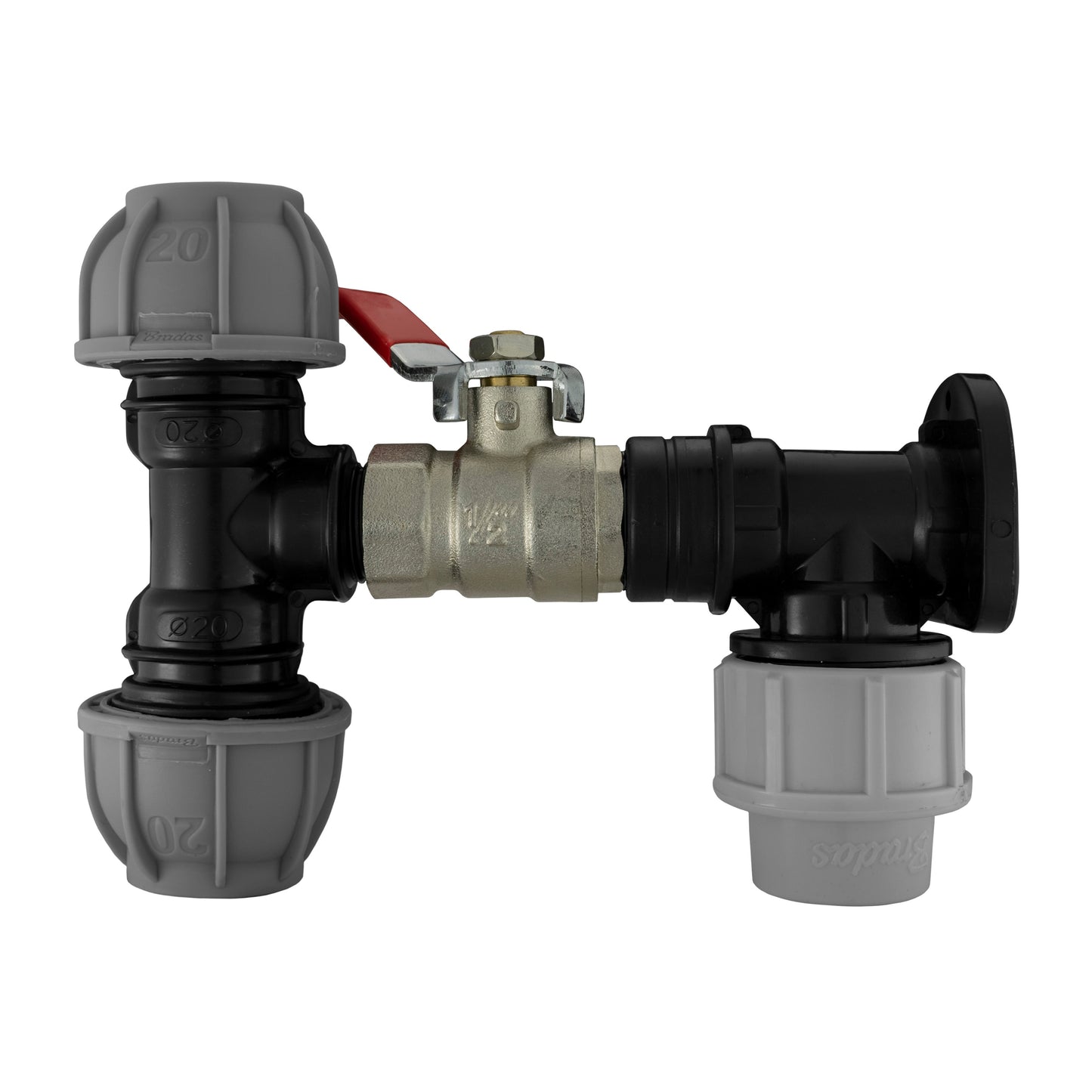 Wall Flange Kit 20mm MDPE - Lever Valve and 20mm MDPE Tee Outlet Water Connector
