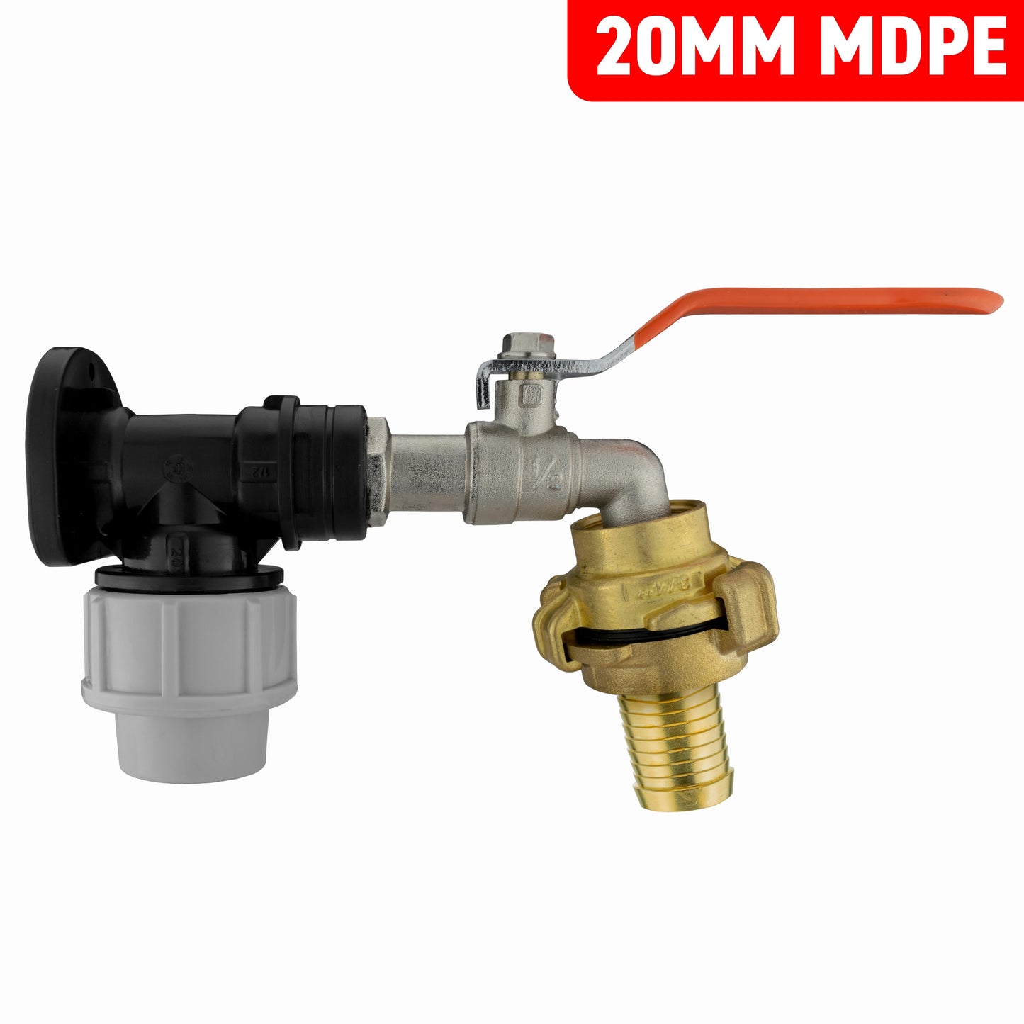 Wall Flange Kit 20mm MDPE + Lever Tap + 25mm Barbed Geka Set for Water Connector