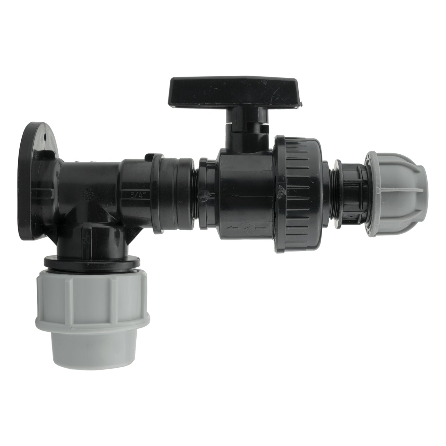 Wall Flange Kit 25mm MDPE + Large Plastic Valve and 20mm MDPE Straight