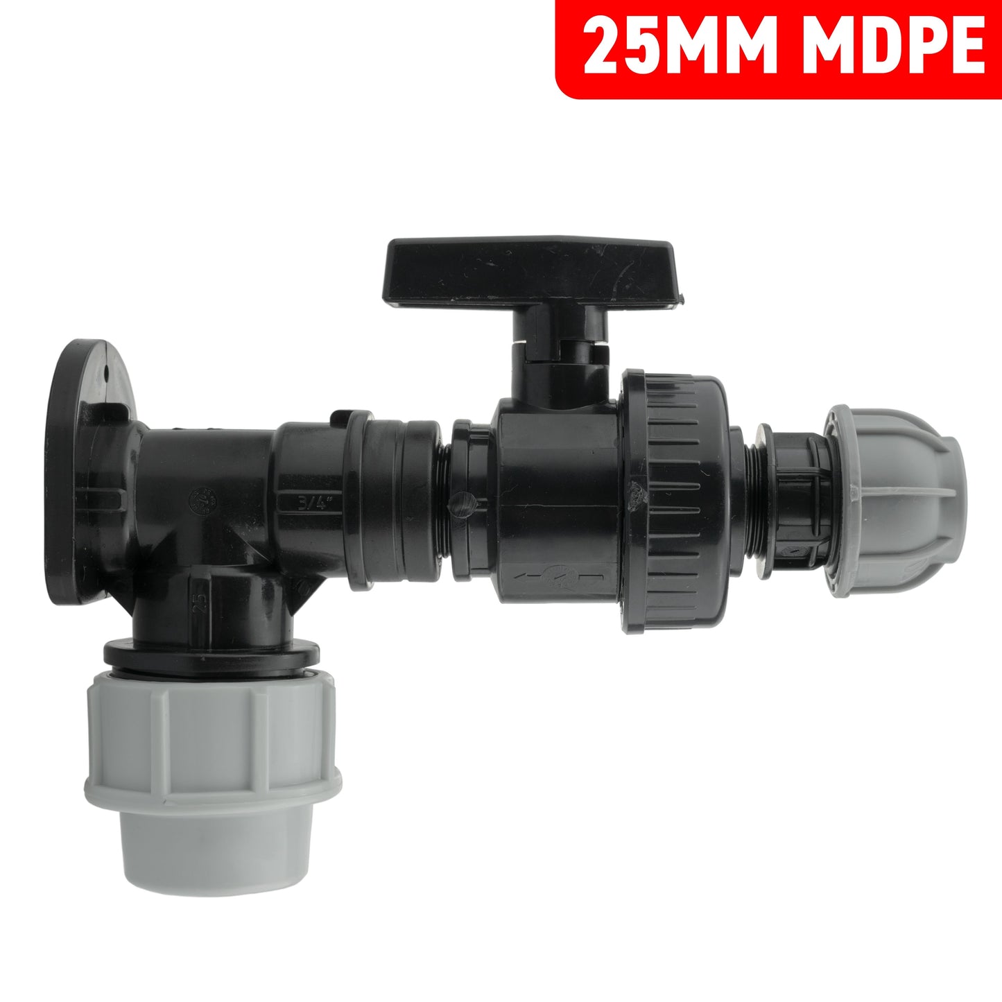 Wall Flange Kit 25mm MDPE + Large Plastic Valve and 20mm MDPE Straight
