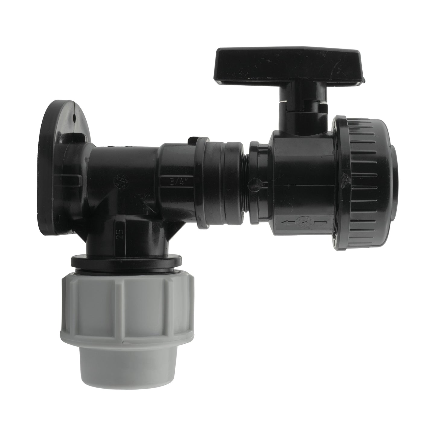 Wall Flange Kit 25mm MDPE + Large Plastic Valve 3/4in BSP for BSP Thread Fitting