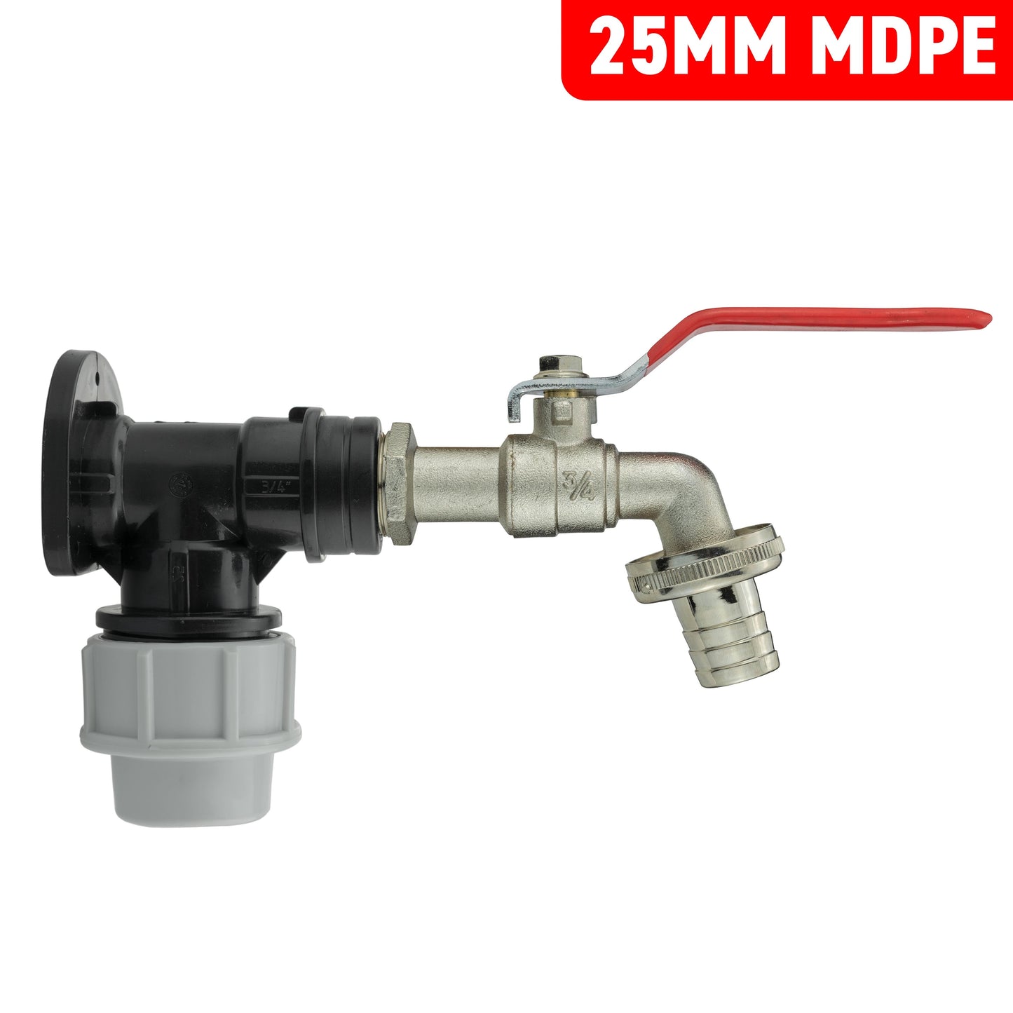 Wall Flange Kit 25mm MDPE + Lever Tap 3/4in Barb MDPE Pipe Connector Tap Adapter