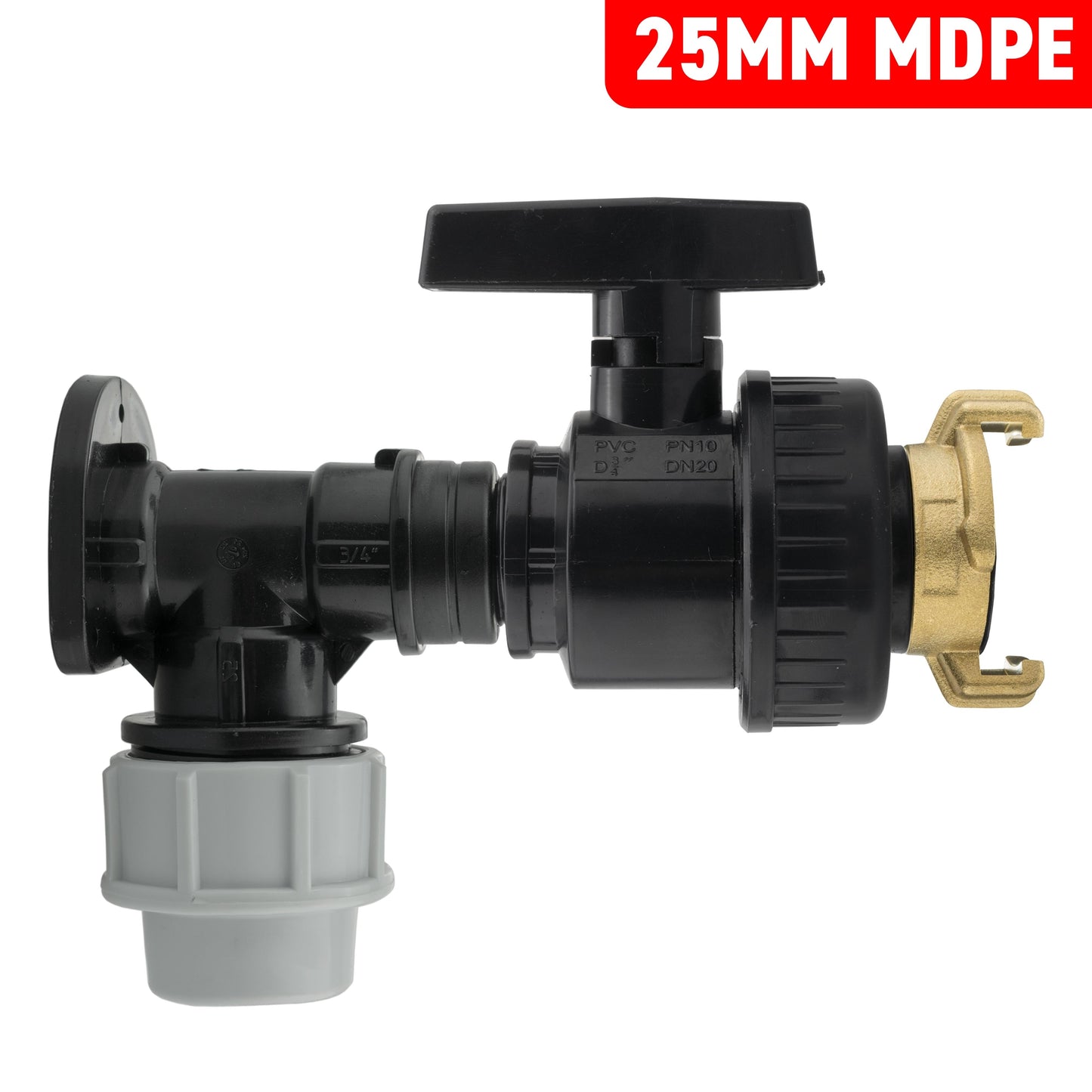 Wall Flange Kit 25mm MDPE + Large Plastic Valve + Geka for Garden Irrigation Kit